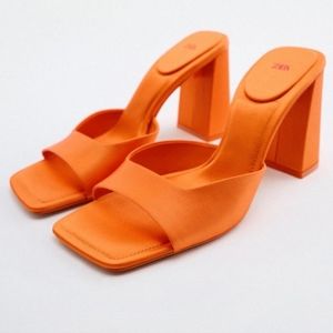 Zara Orange Satin Block Heels. Size 40 (10). NWT